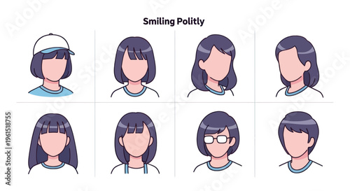 Cartoon avatar faces with various polite smiling hairstyles and accessories, ideal for social media profiles and character design