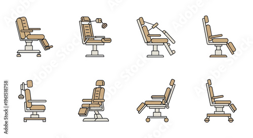 Medical and dental chair illustrations in various positions and angles for healthcare clinic and equipment design usage