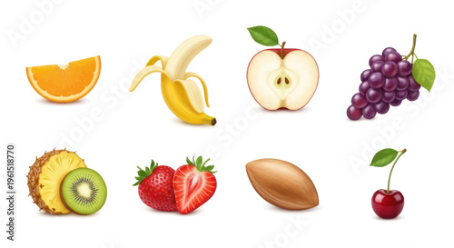 Vector illustration of various fresh fruits including orange, banana, apple, grapes, pineapple, kiwi, strawberry, almond, and cherry for healthy food designs