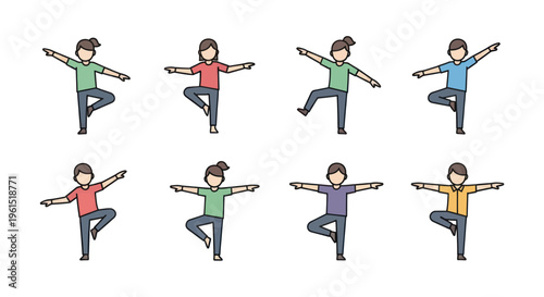 Cartoon people performing yoga tree pose standing on one leg with arms extended, healthy lifestyle and exercise concept illustration