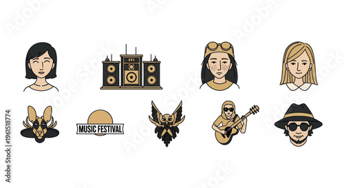 Music festival icons including musicians, DJ, guitar player, sound system, owl logo, and diverse characters for event promotion and entertainment design