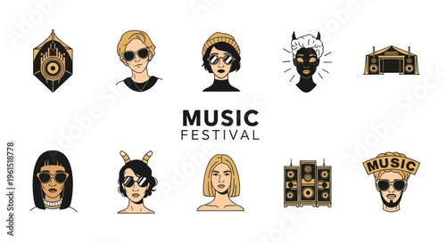 Music festival icons collection with diverse characters, speakers, and stage elements, perfect for event posters and digital promotions
