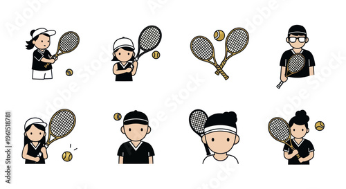 Cartoon tennis players and rackets with tennis balls set, cute sports characters illustration perfect for sports and leisure designs