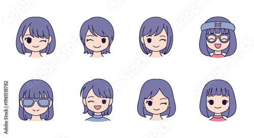 Collection of kawaii anime girl avatars with various hairstyles and expressions, including winking and smiling characters for social media and web design