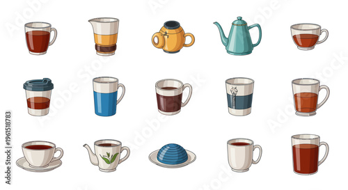 Collection of various coffee and tea cups, mugs, pots, and accessories illustrated in different styles, perfect for beverage or cafe themed projects