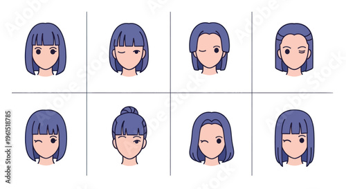 Collection of female cartoon avatars with different blue hairstyles and winking facial expressions, perfect for character design and social media icons