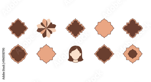 Collection of brown and beige Islamic geometric shapes and female avatar icon isolated on white background, design elements for decoration and branding