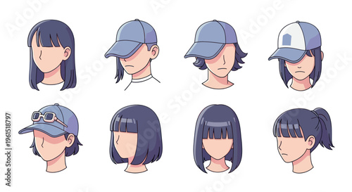 Set of anime girl avatars with various hairstyles and blue baseball caps with sunglasses, cartoon faceless female character illustrations for profile or game design