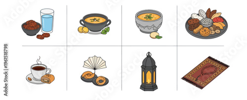 Ramadan food and traditions set with dates, soup, coffee, pastries, lantern, prayer rug, and tasbih beads, ideal for Islamic holiday content
