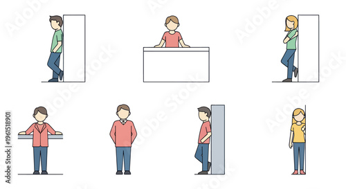 Set of diverse faceless people standing, leaning, and sitting in casual and business attire, isolated on white background, ideal for teamwork and social concepts
