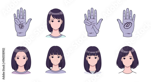 Set of female anime faces and illustrated hands with symbolic markings, perfect for character design and storytelling projects