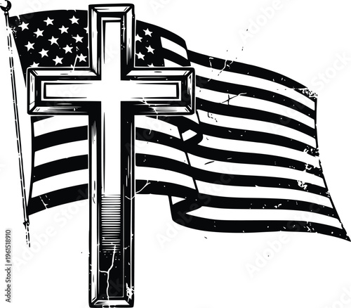 Christian Cross with American Flag Grunge Vintage Hand Drawn Vector Illustration