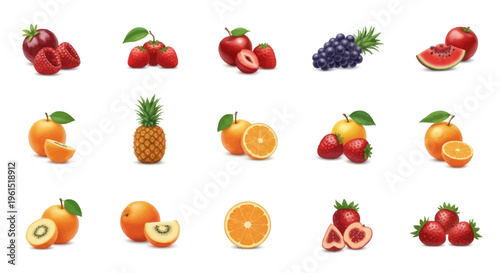 Set of fresh fruits including strawberries, grapes, watermelon, pineapple, orange, kiwi, and pomegranate with vibrant colors on white background for healthy food design