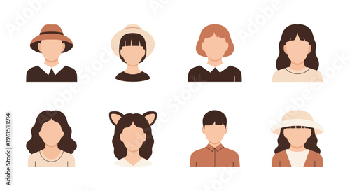 Set of diverse faceless avatar icons with various hairstyles, hats, and clothing in minimalist flat style for social media and profile design