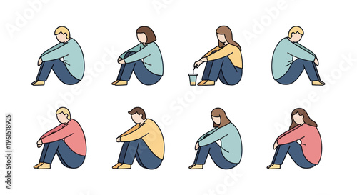 Set of illustrations showing diverse sad and pensive people sitting with knees drawn, expressing emotions of loneliness and contemplation, suitable for mental health topics