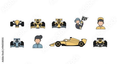 Set of racing car and racer icons including F1 cars from different angles, drivers, and checkered flag, ideal for motorsport and Formula 1 design projects