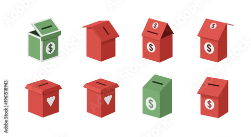 Isometric donation boxes with dollar and heart symbols in red and green colors, ideal for charity and fundraising illustrations