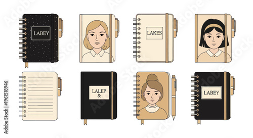 Set of spiral notebooks with neutral and black covers including portraits and lined pages, ideal for stationery, school, and office use