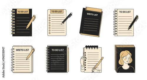 Set of to do lists and writing notebooks with pens in beige and black colors, flat line art icons for productivity and planning illustration