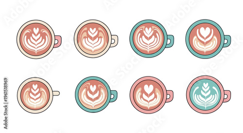 Top view of eight colorful cups of coffee with latte art heart and leaf designs, minimalistic flat style illustration, perfect for cafe or coffee shop branding