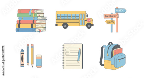 School supplies and transportation set with books, bus, pencils, notebook, backpack, and school signs, perfect for educational content and back-to-school themes