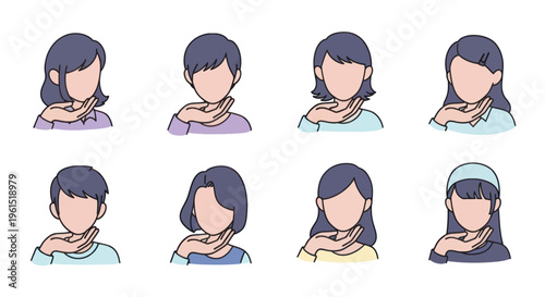 Set of faceless people icons with hand under chin, thoughtful expression concept, business and casual style avatars, suitable for UI and presentations