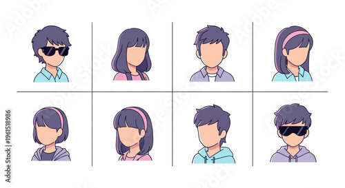 Set of faceless cartoon avatars with diverse hairstyles and casual clothing, perfect for social media profiles or gaming characters