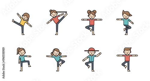 Set of cartoon kids practicing yoga and balance poses, cute children exercising and stretching, healthy lifestyle illustration, ideal for wellness content