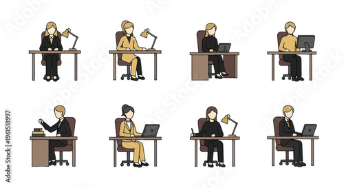 Set of businesspeople working at office desks with laptops, computers, and documents, professional workplace environment illustration for business and office use