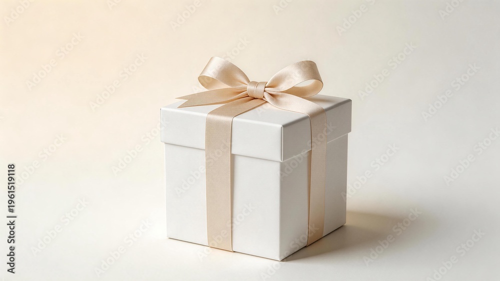 Obraz premium White gift box with beige ribbon