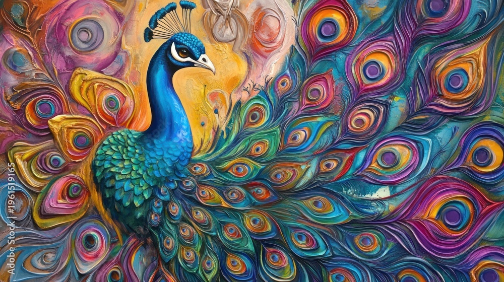Fototapeta premium Colorful peacock, vibrant abstract background, artistic style, wall art