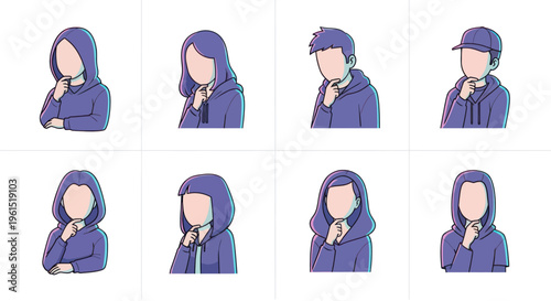 Set of faceless people in hoodies and casual hairstyles thinking or pondering, modern flat style avatars for user profiles and social media illustration