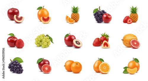Set of fresh mixed fruits including apples, grapes, pineapple, strawberries, oranges and exotic varieties, isolated on white background for healthy food projects