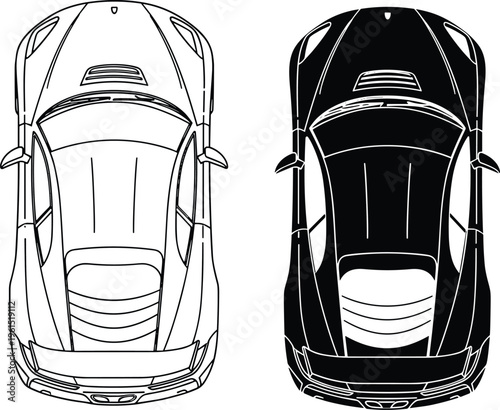 Sports car top view vector illustration, modern supercar outline and silhouette, luxury vehicle design icon, automotive transport graphic isolated