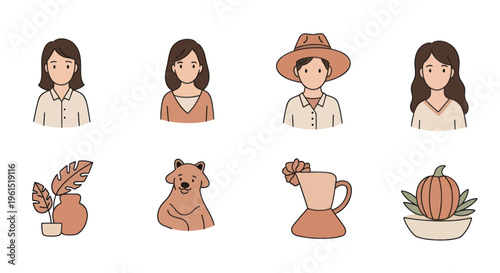 Set of minimalistic cartoon female portraits and autumn-themed objects including vase with leaves, bear, coffee pot, and pumpkin for seasonal design projects