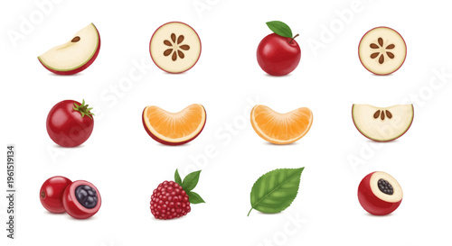 Vector illustration of various fruits and berries with slices including apple, raspberry, and exotic fruits, perfect for food design and healthy lifestyle projects
