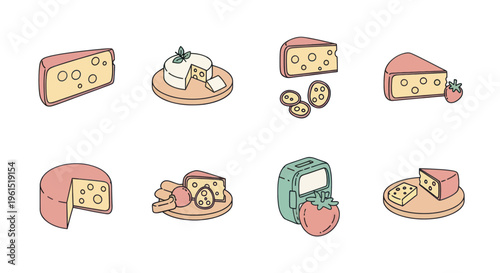 Vector illustration set of assorted cheese types and slices, some with herbs and tomatoes, perfect for culinary, food packaging, and recipe design