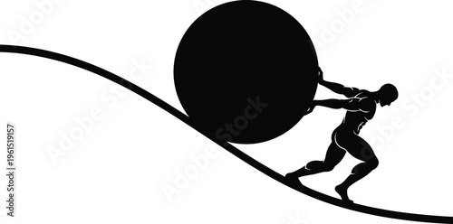 strong man pushing heavy rock uphill, struggle perseverance concept silhouette, hard work motivation vector illustration isolated on white background