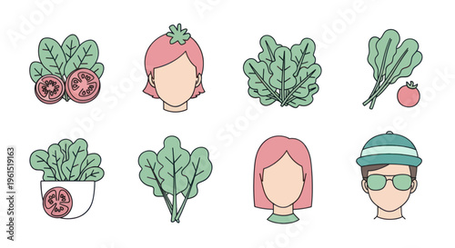 Vector icons of spinach leaves, fresh tomatoes and faceless characters with spinach and tomato themed design, perfect for healthy lifestyle and food projects