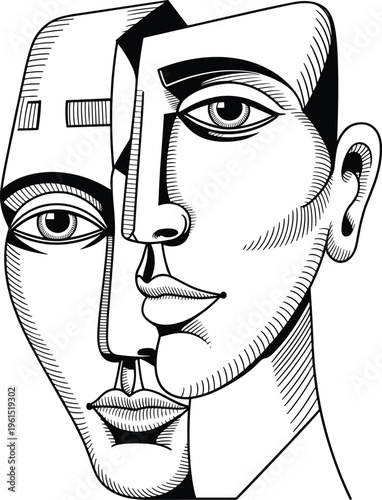 Abstract black and white dual face illustration combining geometric and realistic styles, artistic portrait exploring identity, duality, and creative expression for modern stock artwork.
