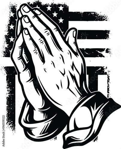 Hand Drawn Praying Hands with American Flag Vintage Patriotic Christian