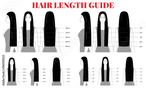 Black and white hair length guide combining centimeter and inch scales with multiple views, structured infographic design for education, professional training and accurate hairstyle measurement