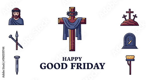 Illustrative icons representing Good Friday and Easter, showcasing sacred symbols like the crucifixion cross, crown of thorns, tomb, and Jesus, for spiritual reflection
