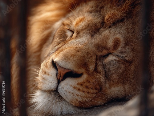 Lion sleeping behind metal bars closeup.