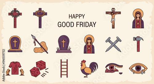 Happy Good Friday Icon Set Symbols of Jesus Christ's Sacrifice and Resurrection