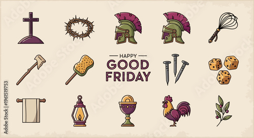 A comprehensive set of Good Friday Christian symbols, featuring the sacred cross, thorny crown, Roman soldier helmets, scourging tools like a whisk, and other profound Passion instruments