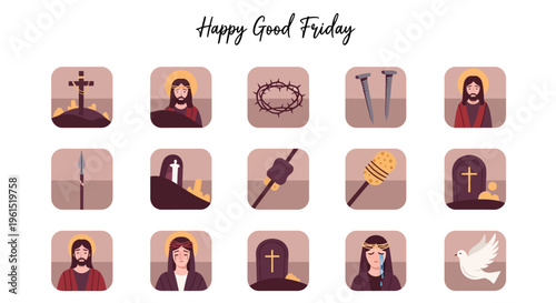 Happy Good Friday religious symbols and icons representing the crucifixion of Jesus Christ