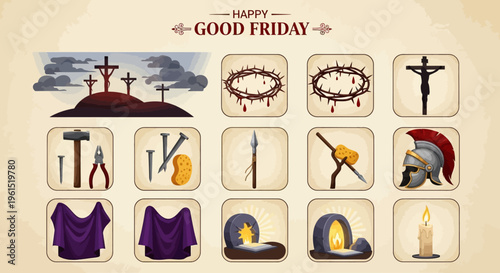Collection of sacred symbols illustrating the solemn events of the Passion, representing sacrifice, faith, and the profound significance of a religious observance