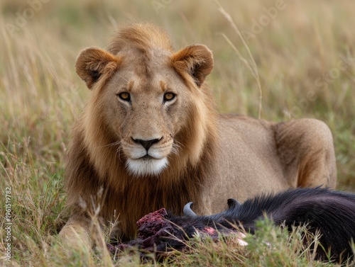 Lion resting with dead prey outdoors.