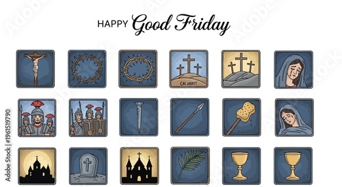 Happy Good Friday Icons A Collection of Religious Symbols Celebrating the Crucifixion of Jesus Christ